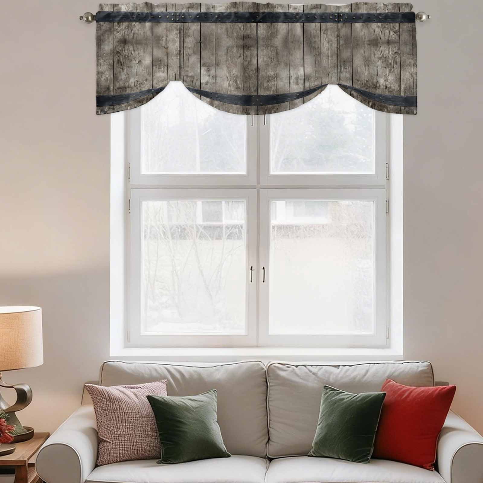 Country Barn Door Tie Up Valances Curtain, Adjustable Kitchen Distressed Retro Brown Wood Grain Rivet Valances for Windows Decor, Rod Pocket Short Curtains Set for Bedroom/Bathroom, 54"x18"