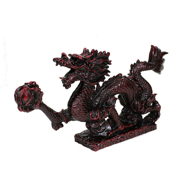 A10028 Feng Shui 9" Oriental Dragon Play w/ Ball Rosewood Red Statue Office Home Decor