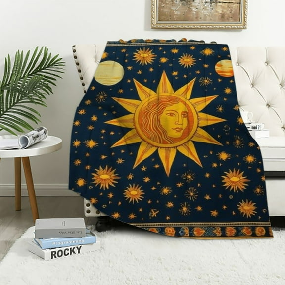COMIO Moon and Sun Throw Blanket Celestial Chair Recliner Cover Bed Spread Hippie Room Decor, Double Sided Cotton Woven Sofa Couch Furniture Aesthetic Throws Yellow/Blue