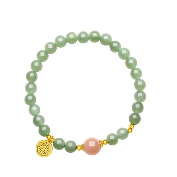 ZHOU LIU FU S925 Silver Beaded Bracelet Gilded Blessing Fu Charm, Green Jade and Sunstone for Women 17cm J1911622