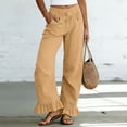 thumbnail image 2 of hlysgo Wide Leg Linen Pants for Women High Waisted Ruffle Hem Palazzo Pants Boho Summer Casual Loose Flowy Pant Trousers with Pockets Khaki,2xL, 2 of 5