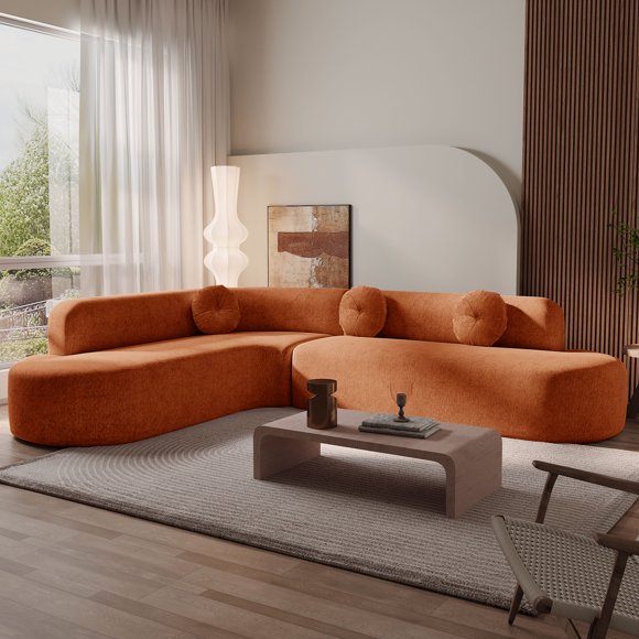 Noble House 122'' Extra Large Sectional Sofa Soft Fabric Upholstery, Elegant Curved Design,Orange