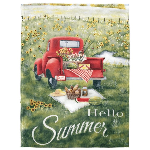 Hello Summer Vintage Red Truck 13 x 19 Small Polyester Outdoor Hanging Garden Flag