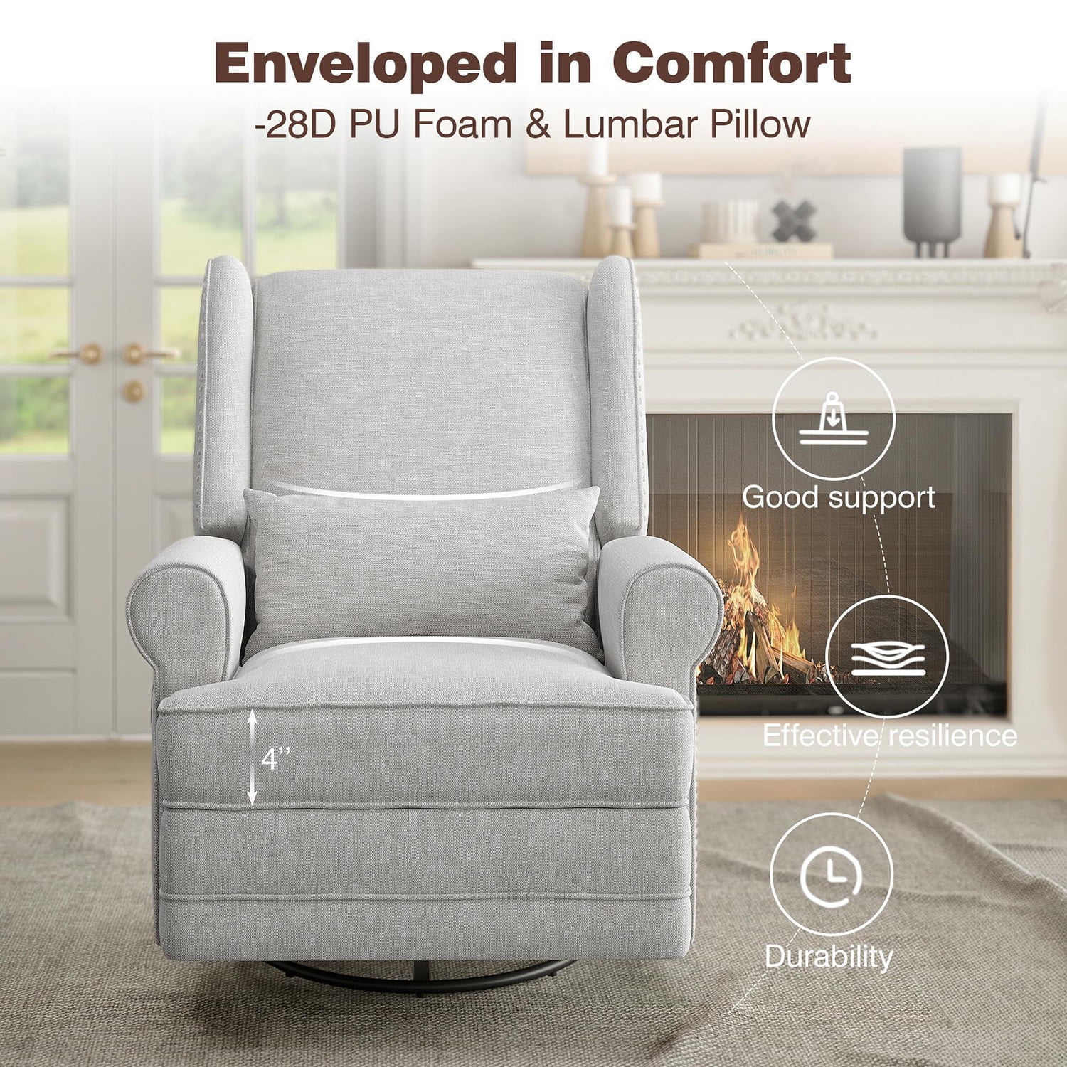 Demi Bonn Swivel Glider Rocking Recliner Chair, Lumbar Pillow, Footrest, Upholstered, Nursery, Bedroom, Light Gray
