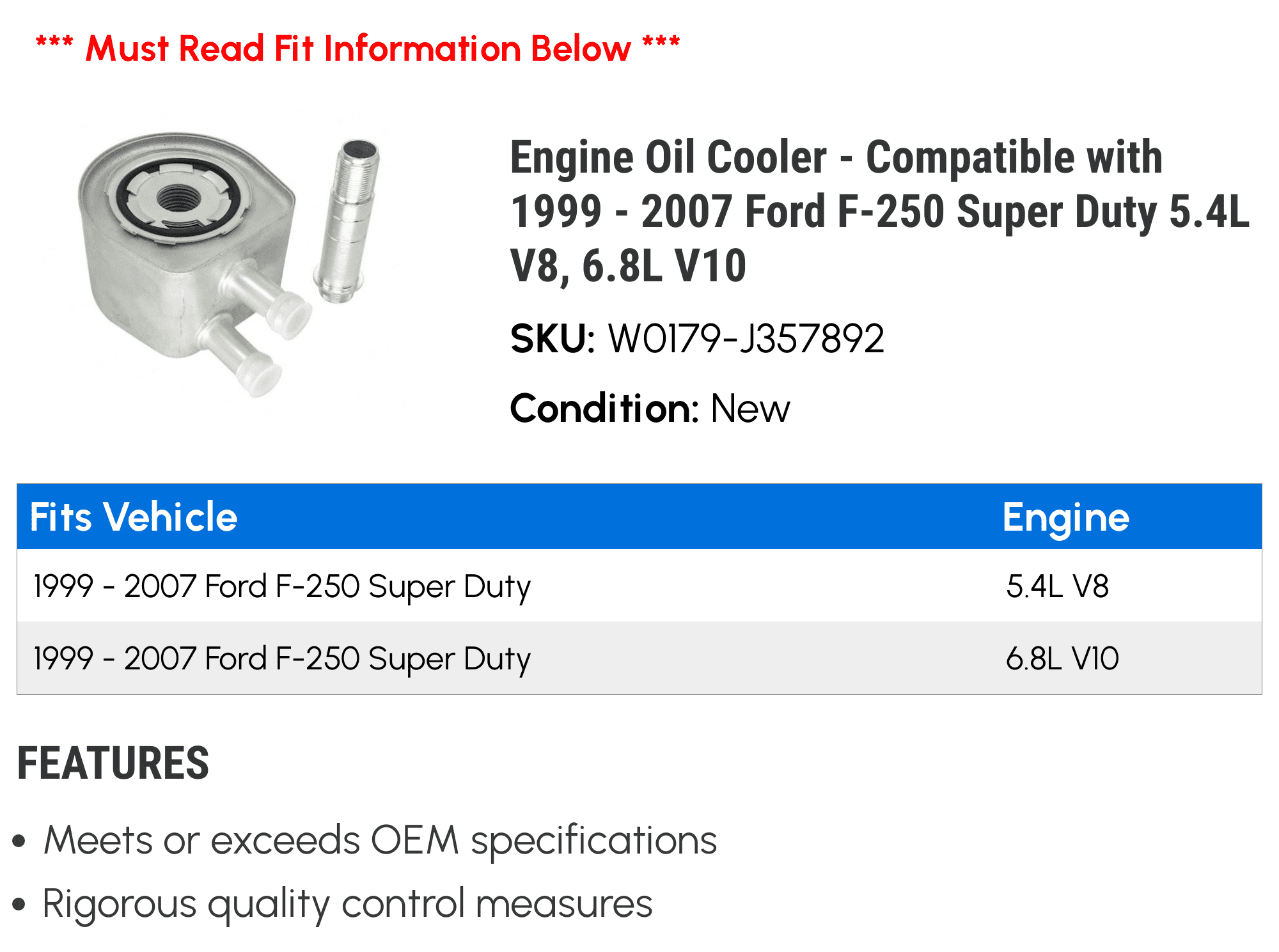 Engine Oil Cooler 6.8L V10 Compatible with 1999-2007 Ford F-250 Super Duty 5.4L V8 