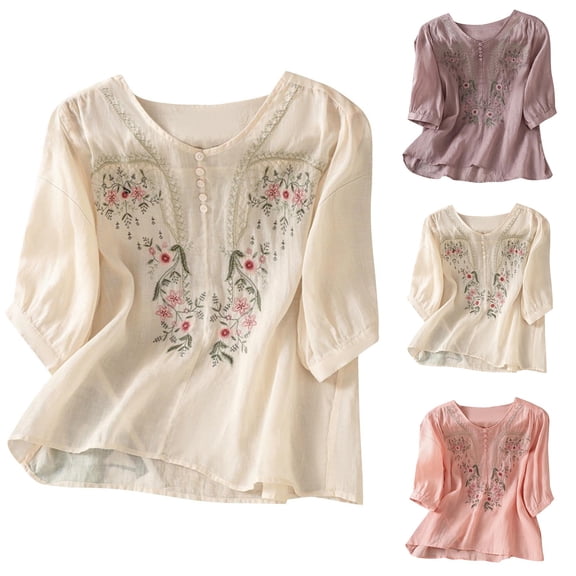 Boho Linen Tops for Women 3/4 Sleeve Embroidered Crew Neck Blouses Trendy Summer Casual Tops Pullover Shirts by Yigetop Beige L