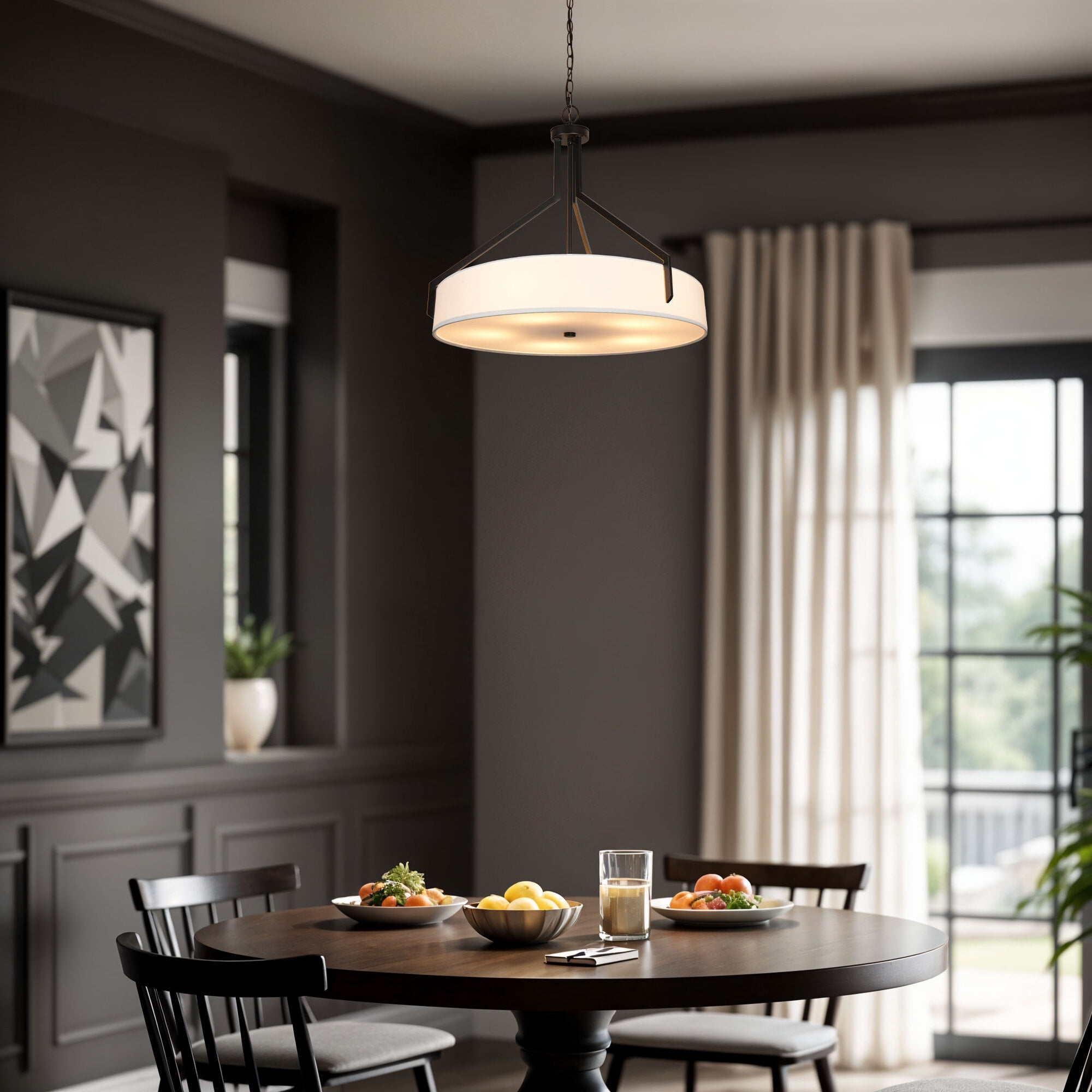 Kenroy Home Thayne 24'' Pendant Light Fixture with Off-White Fabric Drum Shade for Kitchen Table, Bathroom, Foyer, or Entryway, Black