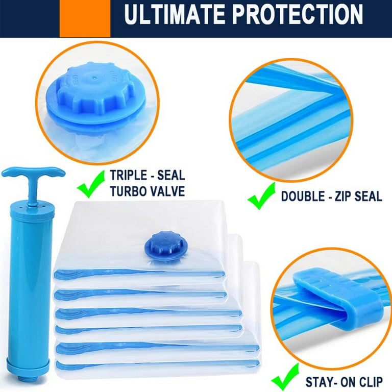 Vacuum Sealer Bags Jumbo 6 Pack，Hand-Pump for Travel! Double-Zip Seal and  Triple Seal Turbo-Valve, Large Space Saver Bags for  Clothing/Blankets/Quilts/Toys/Bedding/Clothing Storage