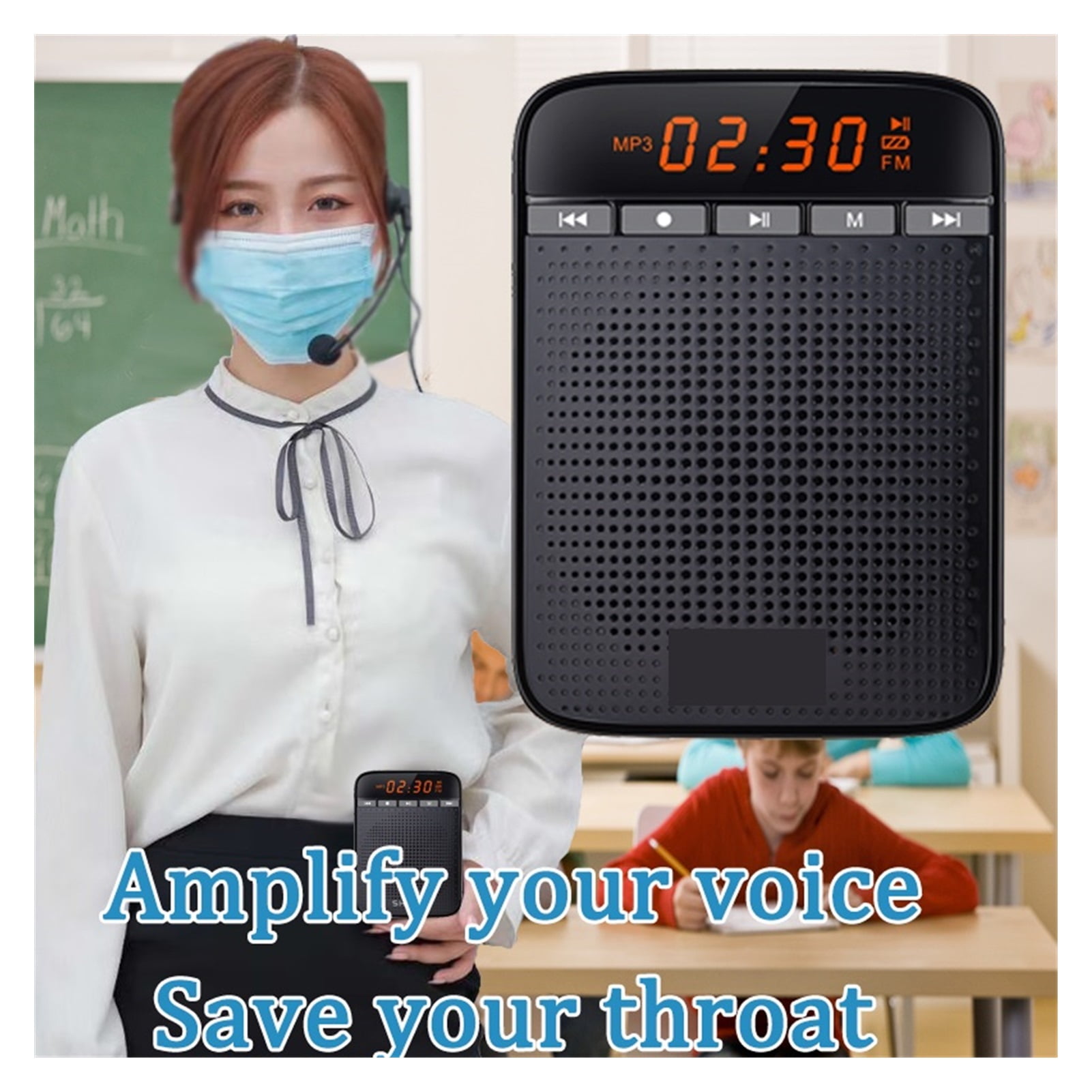 Personal Portable Voice Amplifier for Teacher Megaphone AUX Audio Sound Speaker Recording FM Radio with Wired Microphone