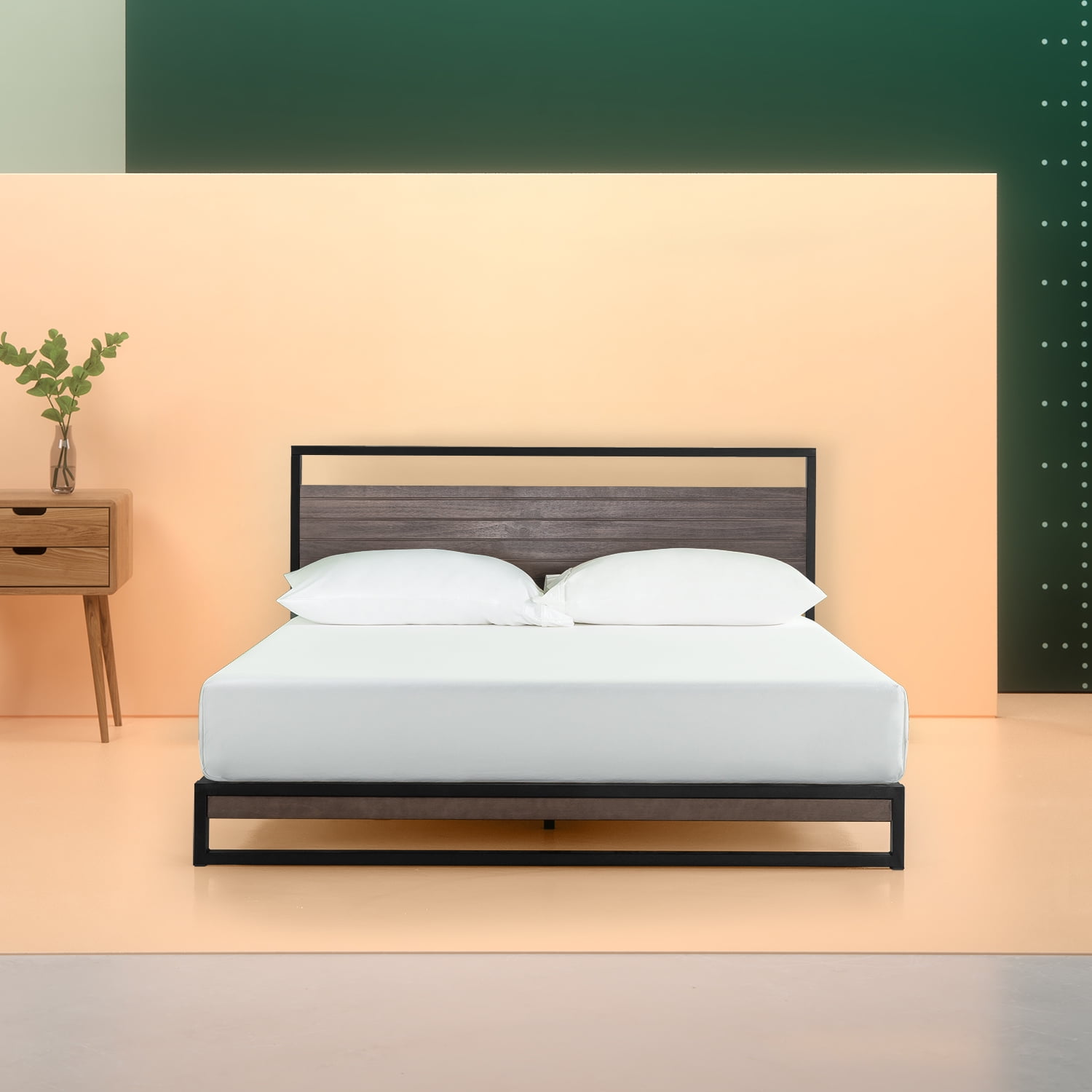 Zinus Suzanne 37" Metal and Wood Platform Bed with Headboard, Grey Wash