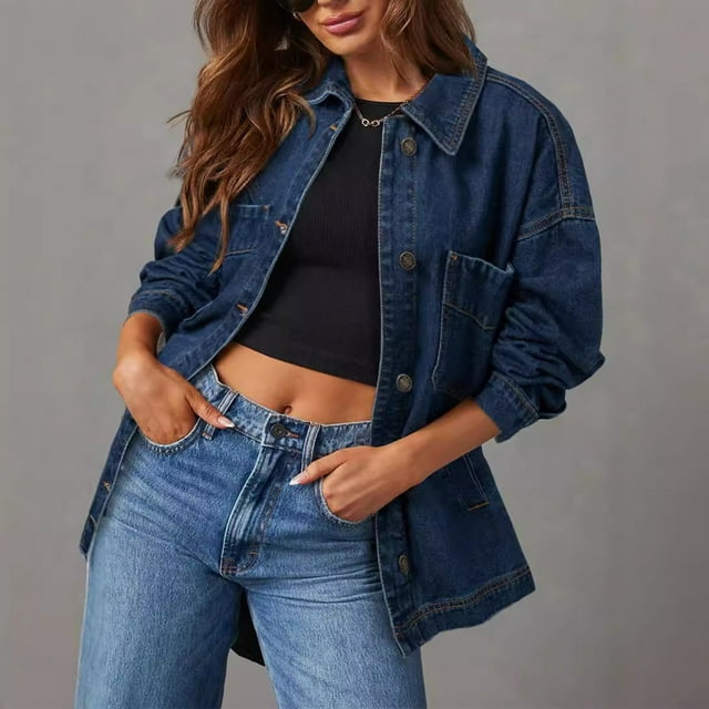 LOVZFMLL Jackets for Women's Solid Color Denim Jacket Long Sleeved Pocket Button Jacket Top