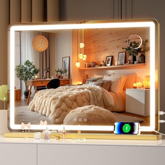 Hasipu 28" x 20" LED Vanity Mirror with Touch Screen Dimmable Lighted Makeup Mirror with 3 Lighting Modes, Gold Round Frame