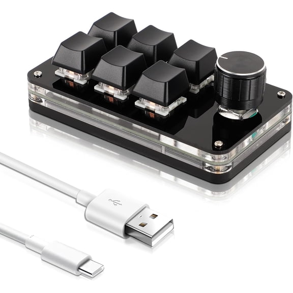 USB Mini 6Key Keypad Mechanical Programmable Gaming Keyboard Portable One Handed Mechanical Macro Pad Shortcut Programmable Keyboard with Knob for PC Gamer(Full Black)