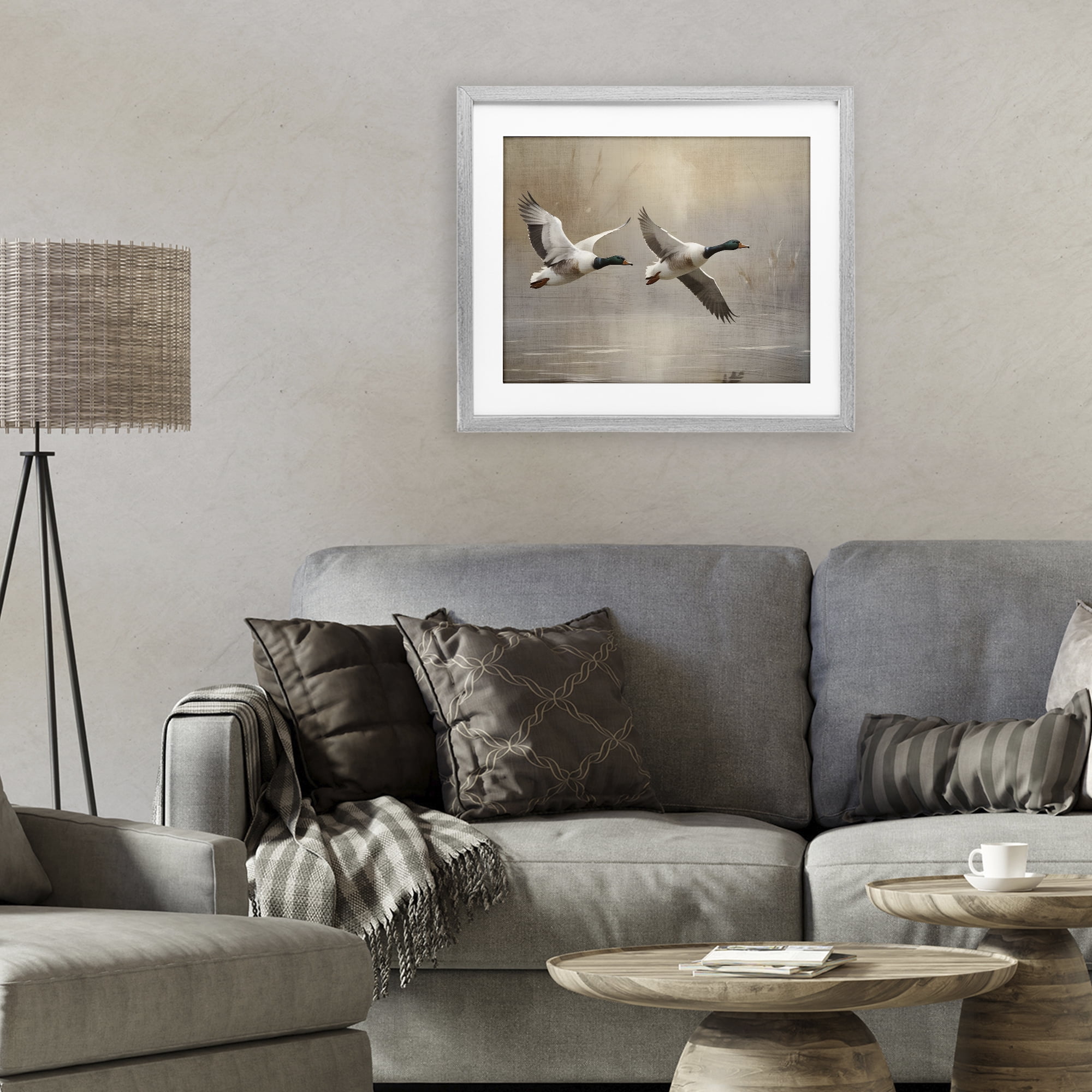 Stupell Industries Mallard Ducks over Pond Gray Framed Print Under Glass, design by Susan Arnot