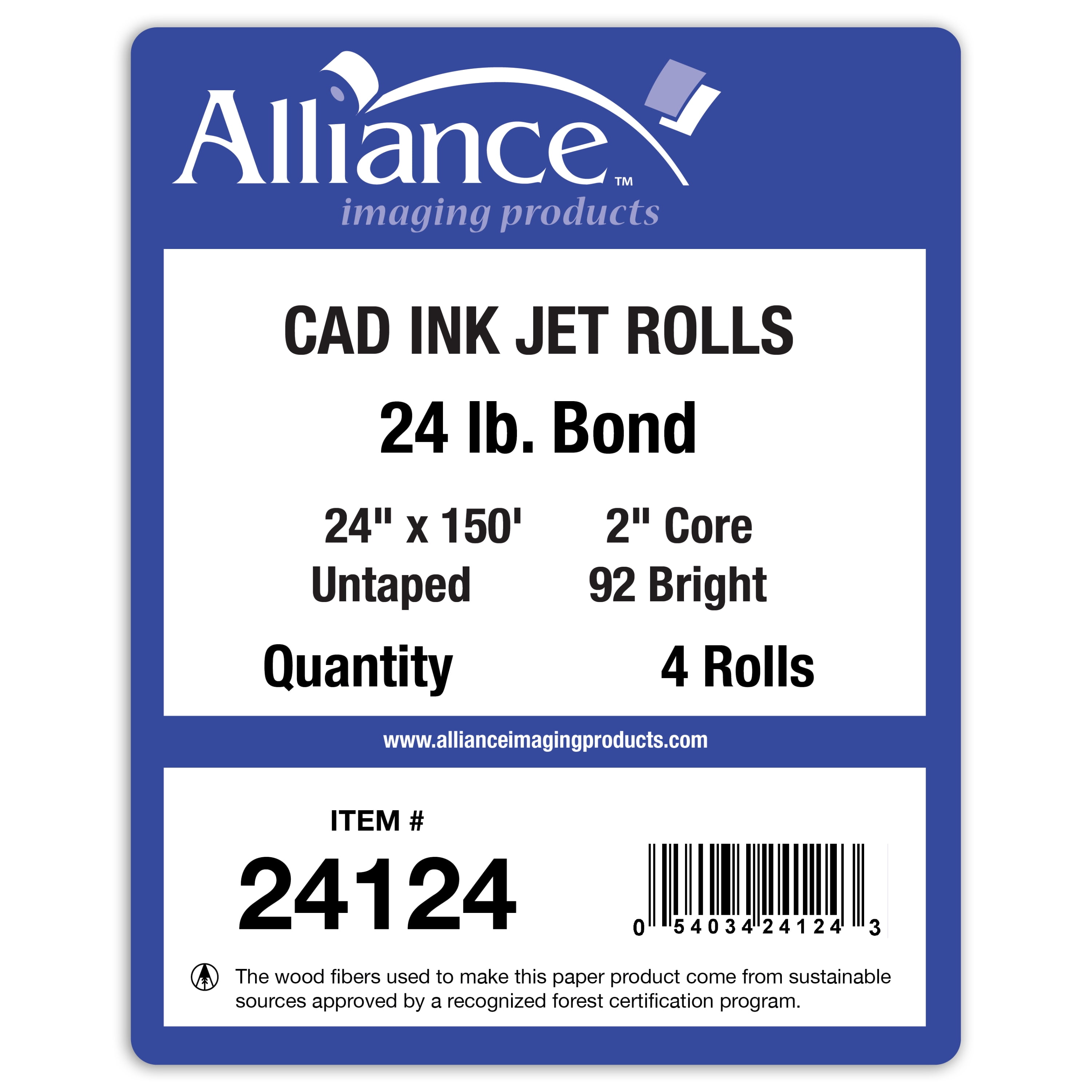 Alliance Wide Format Paper 24" x 150' CAD Bond 24lb | 92 Bright | 4 Rolls | 2" Core