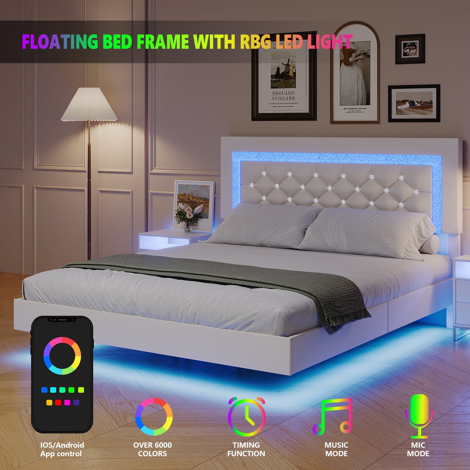 4 EVER WINNER Queen Size Floating Bed Frame with LED Lights, Upholstered Platform Bed Frame with Diamond Tufted Headboard, White Queen Size Bed Frame, White