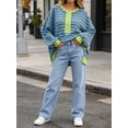 thumbnail image 4 of Womens Oversized Color Block Striped Sweatshirts Henley Shirts Casual Pullover Waffle Knit Tops, 4 of 5
