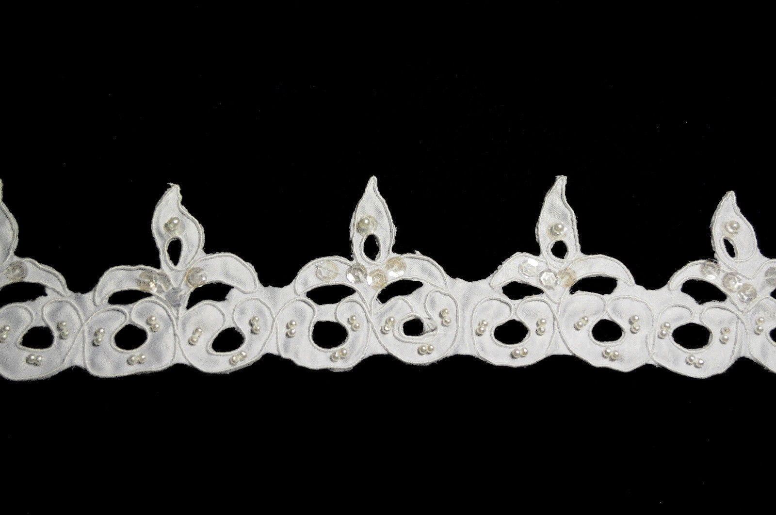 Kiddo 2.5" White Scalloped Corded Pearl Beaded Satin Lace Trim with Cut Outs