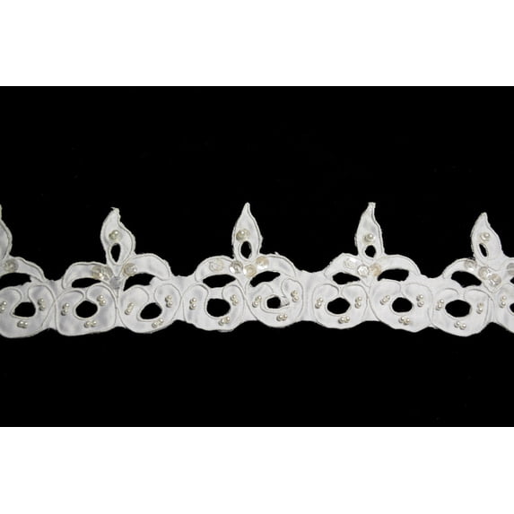 Kiddo 2.5" White Scalloped Corded Pearl Beaded Satin Lace Trim with Cut Outs