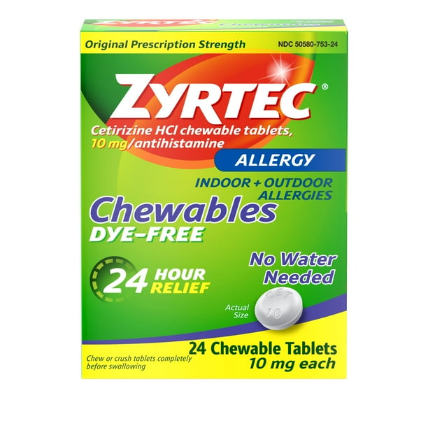 Zyrtec 24 Hour Allergy Relief Chewables, Cetirizine HCl, 24 Ct