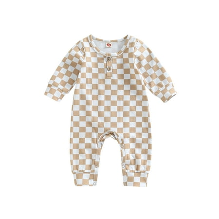 

Calsunbaby Infant Baby Boys Girls Autumn Jumpsuit Long Sleeve Round Neck Button Checkerboard Romper