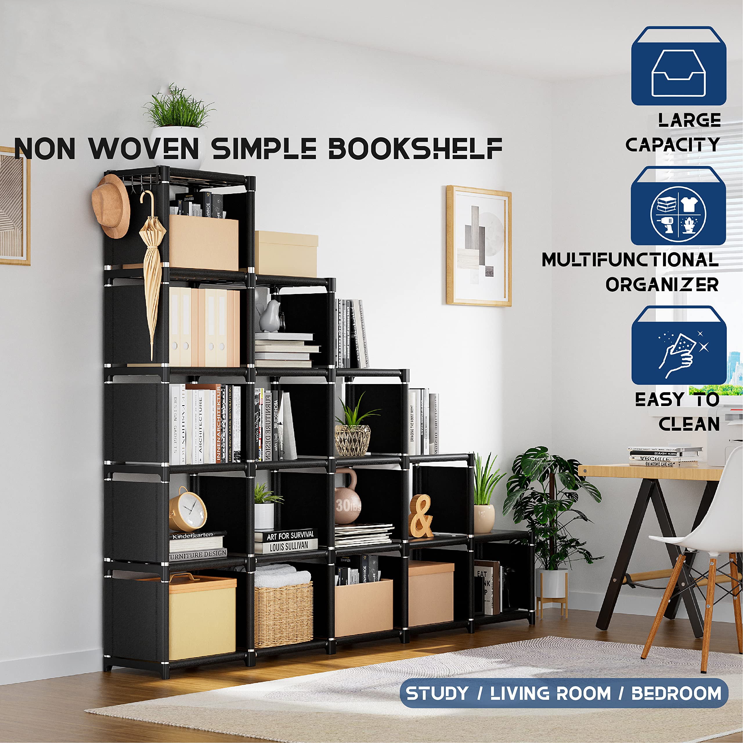 Book Storage Organizer,16 Cuble DIY Bookcase Closet for Bedroom Living Room Office,Book Shelf Organizer,Tall Bookcase Shelf, Assembled Cubicle Shelf