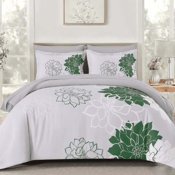Flymme Floral Comforter Set Queen Size,7 Pieces Bed in a Bag Green Flower Print on Gray Bedding Set,Botanical Comforter Set with Sheets for Bedroom Decor