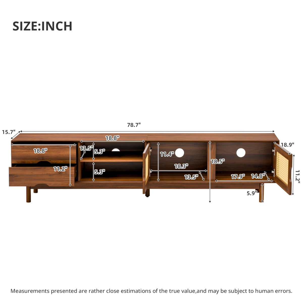 Walnut 78 Inch TV Stand for TVs up to 85 Inch Rattan Front Panels 2 Drawers Solid Wood Legs Media Console
