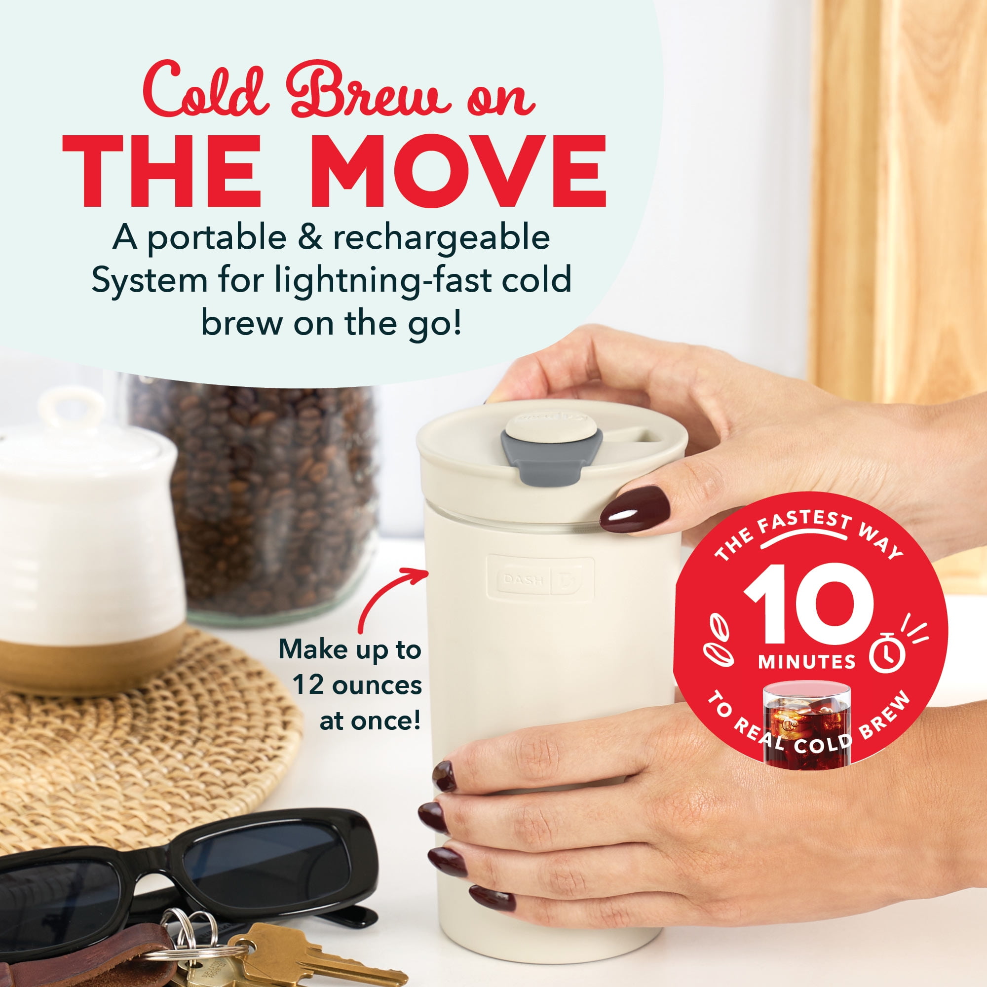 Dash Brew2Go Portable Cold Brew System, Single Serve, 10 Minute Brew, Rechargeable, with Travel Lid and Straw, Cream