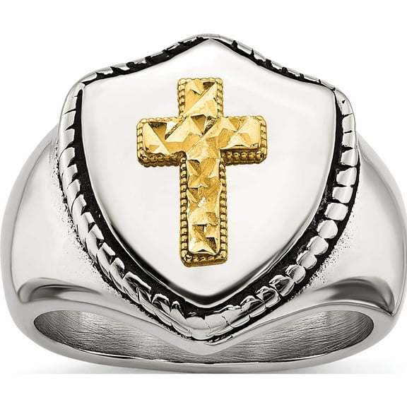 Stainless Steel With 14K Accent Antiqued & Polished Cross On Shield Ring (Size 10) Made In China sr642-10