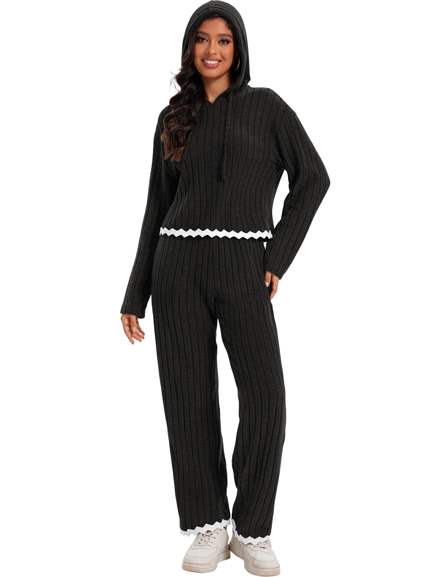 DARING DIVA Women's Lounge Set with Wide Leg Pant and Hoodie Top S Black