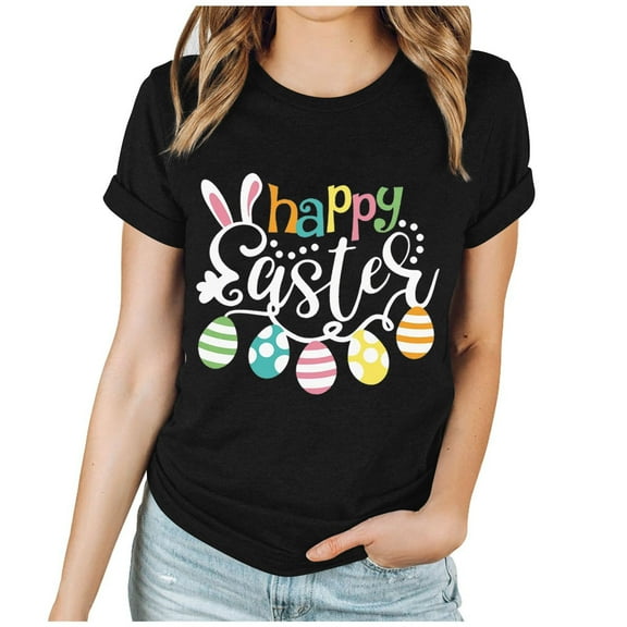 EQWLJWE Women's Happy Easter Day T Shirt Bunny Eggs Graphic Tee Casual Crew Neck Short Sleeve Cute Easter Holiday Top for Church School Work Black(S-3Xl)
