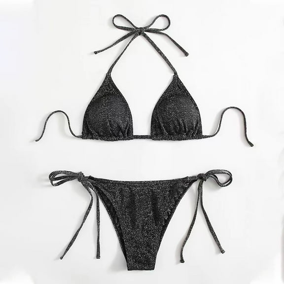 Solid Color 2 Piece Swimwear Bikini Set for Women Featuring Hanging Neck Triangle Top and String Cheeky Thong Bathing Suits