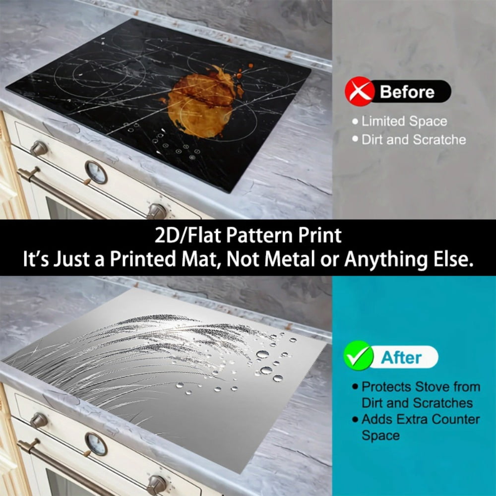 1 2D/flat stove cover protection pad, silver-toned grass ear water droplet pattern design, 28.3x20.5 inches (72×52cm), easy to clean, perfectly suitable for any kitchen, washing machine, dryer, stove
