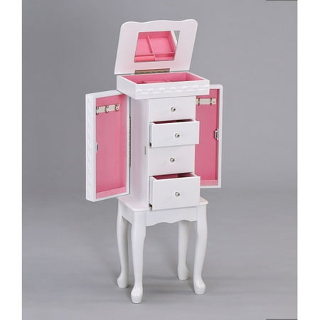 - Didi free standing Jewelry Armoire with flip top mirror, and hidden side jewelry doors, White Finish