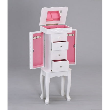 Didi free standing Jewelry Armoire with flip top mirror, and hidden side jewelry doors, White