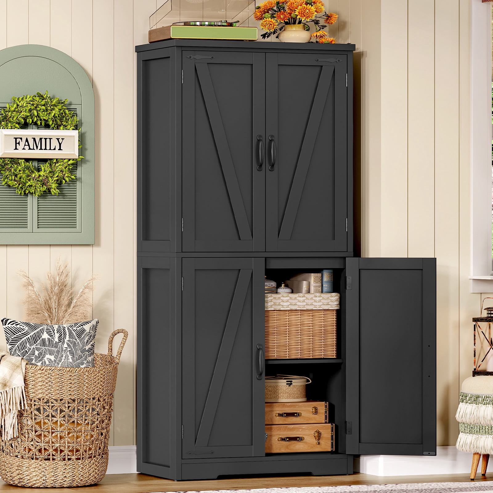 58.27” Kitchen Pantry Cabinets With 4 Doors, Storage Cabinets, Cupboard, Tall Bathroom Cabinets For Dinning Room, Living Room, Black
