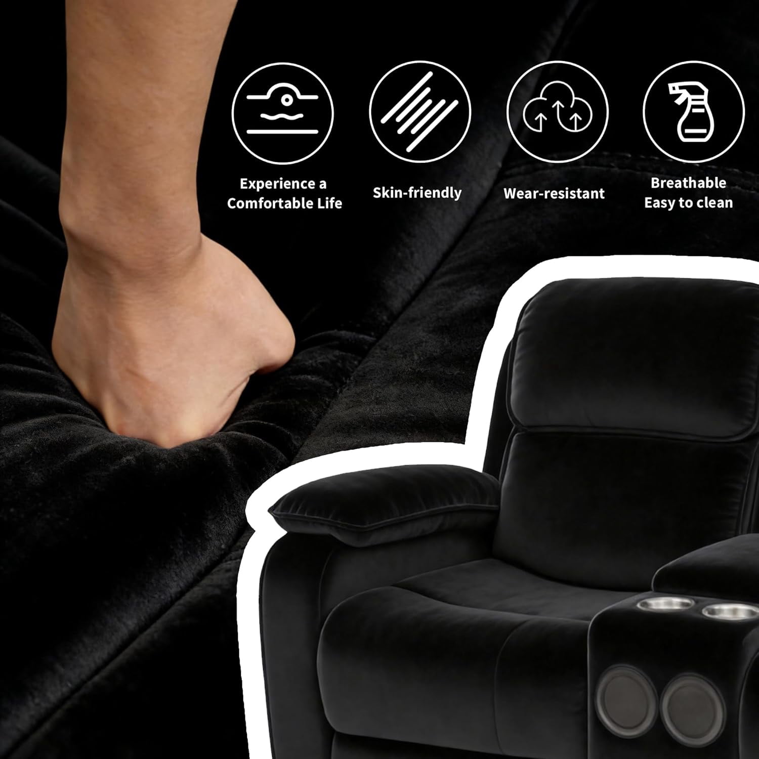 Electric Reclining Loveseat Sofa with 8-Point Vibration Massage, Bluetooth Speakers, Storage Console and Cup Holders for Living Room & Home Theater(Black, Loveseat)