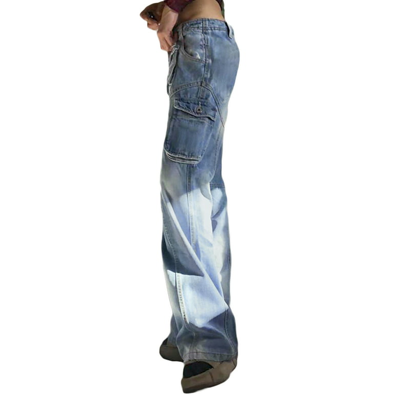 Gupgi Women High Waisted Flare Jeans Wide Leg Denim Jeans Distressed  Vintage Cargo Denim Pants with Pockets Streetwear 