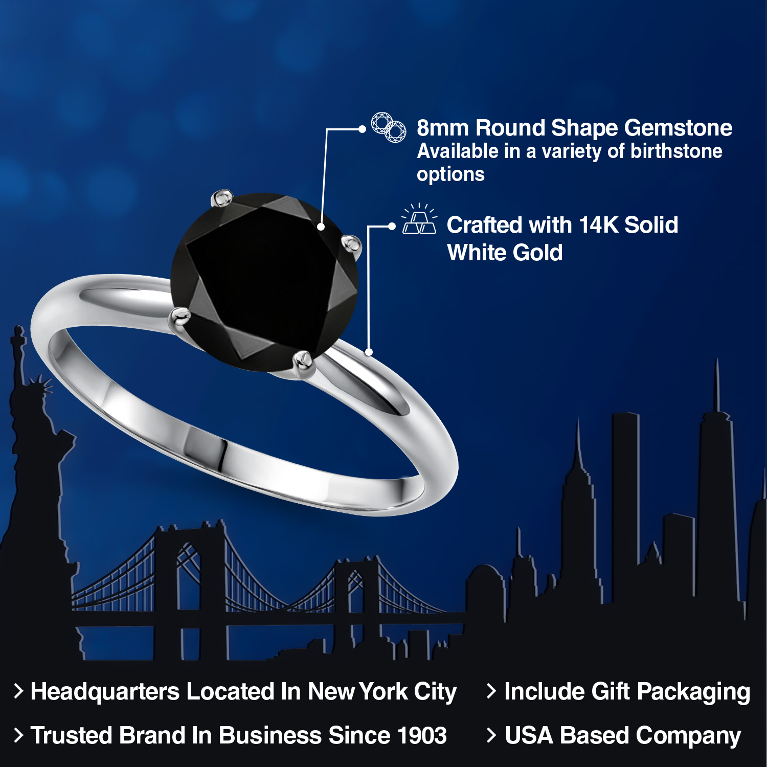 Gem Stone King 14K White Gold Black Diamond Solitaire Engagement Ring for Women | 2.20 Cttw | Round 8MM | Gemstone April Birthstone | Size 8