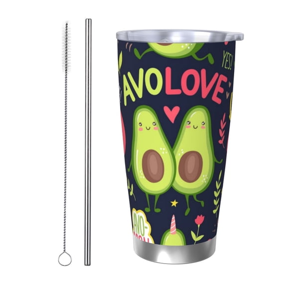 Logiee Avocado Love Print 20OZ Car Cup with Lid, Stainless Steel Vacuum Insulated Double Wall Travel Tumbler, Durable Insulated Coffee Mug,Thermal Cup with Straw-Straw Two-piece Set