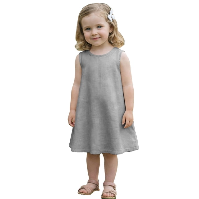 XQYLOS Robe d'Été Sans Manches pour Tout-Petits Filles Robes d'Été Sans Manches Col Rond Couleur Unie Coton Lin Respirant Robe Décontractée 1 à 8 Ans