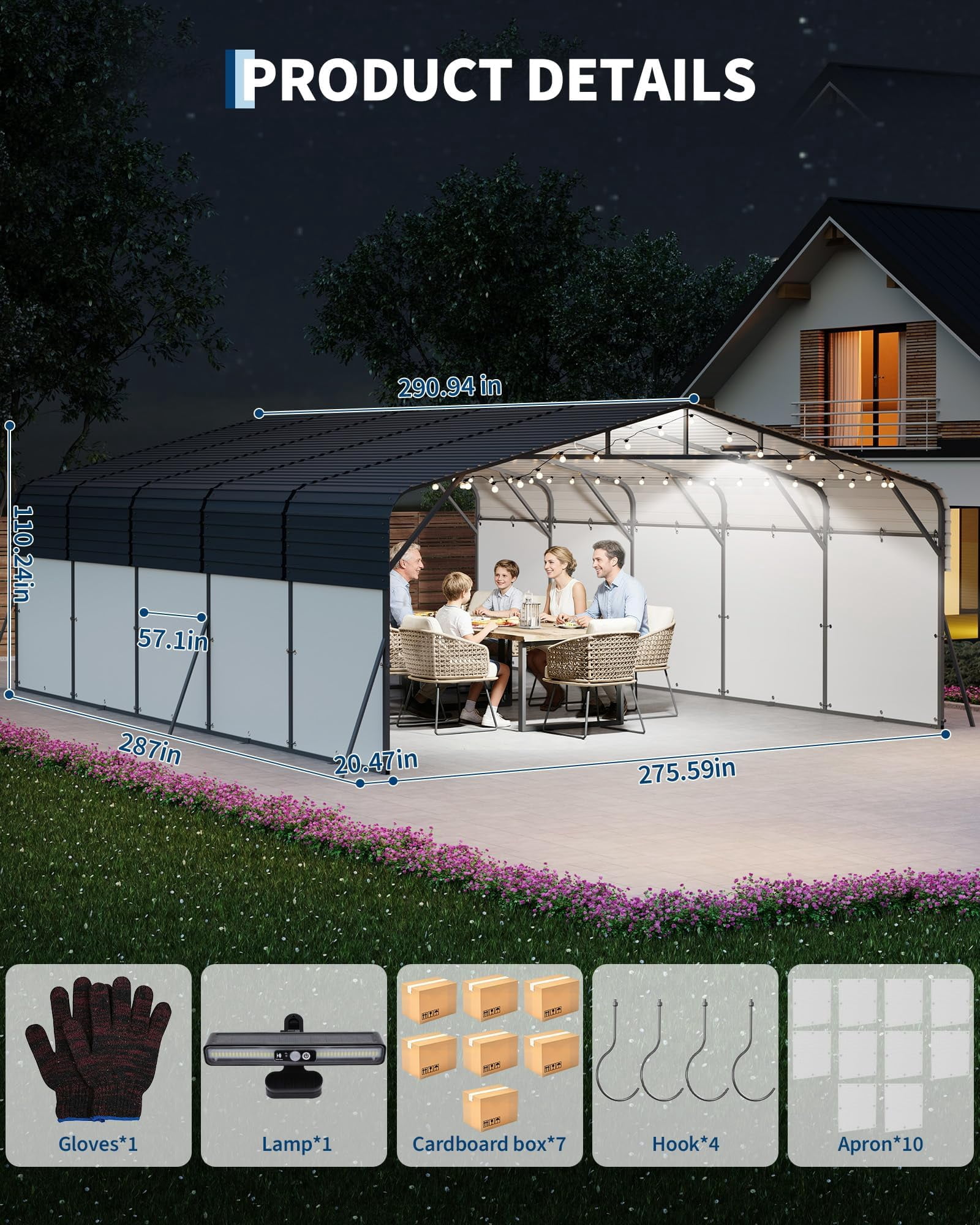 20x25 FT Heavy Duty Metal Carport - Outdoor Portable Garage Shelter - Galvanized Steel Roof, Removable PE Sidewalls, Reinforced Base, LED Light - for Cars, Trucks, Boats