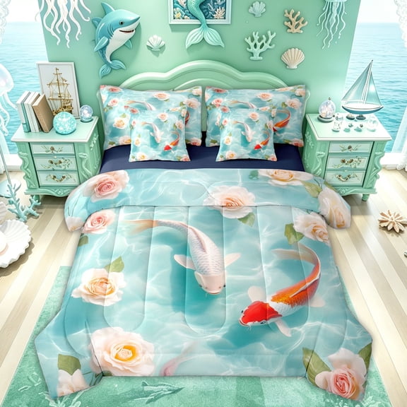Feelyou Lucky Koi Fish Twin Bedding Sets for Kids Women Girls, Lake Rose Flower Bedding Comforter Set, Green, Blue Reversible, 7pcs