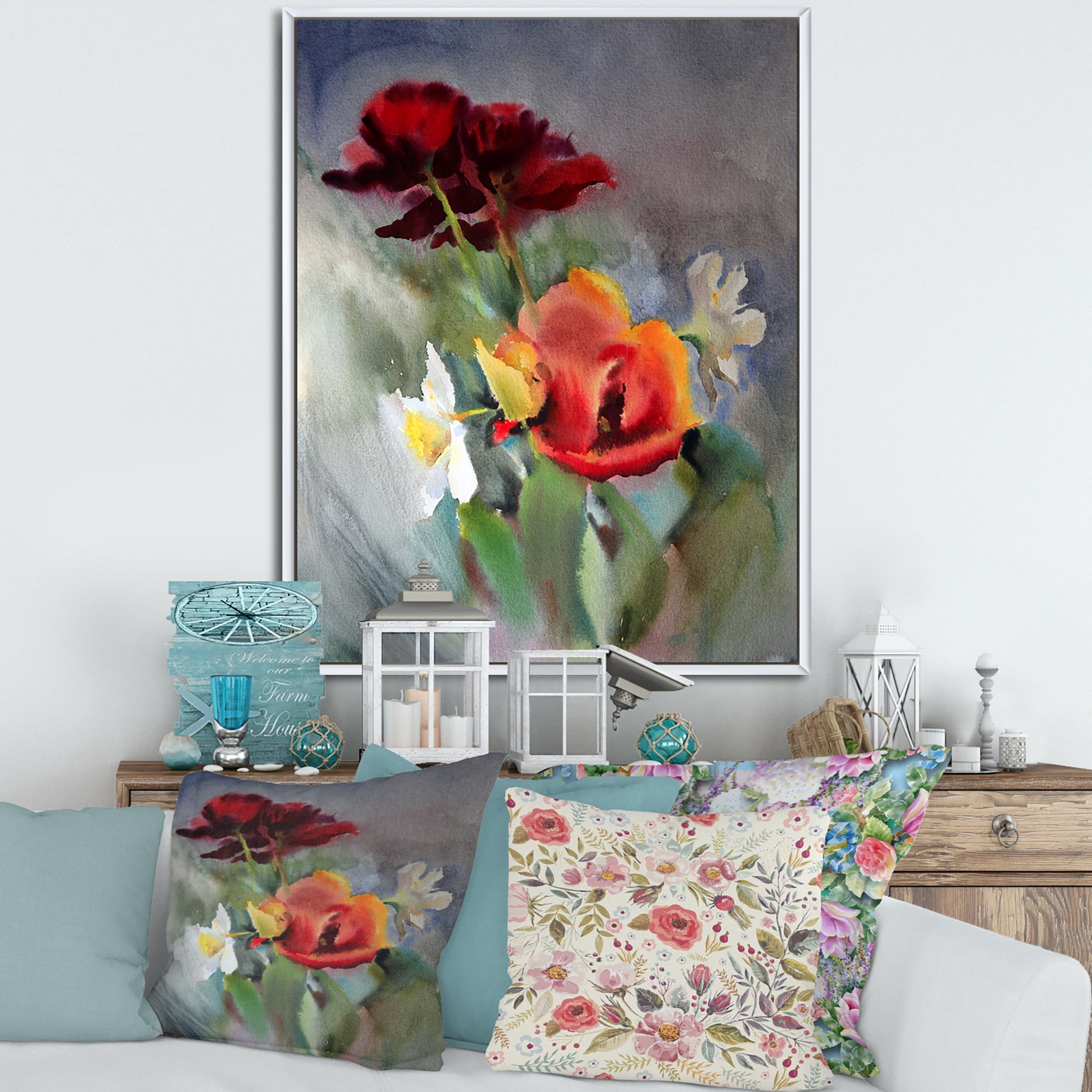 Designart 'Blossoming Vibrant Red Wildflowers' Traditional Framed Canvas Wall Art Print