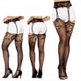 thumbnail image 2 of Women's High-Waist Suspender Tights - Sheer Fishnet with Openwork Panels & Ultra Stretch, 2 of 4