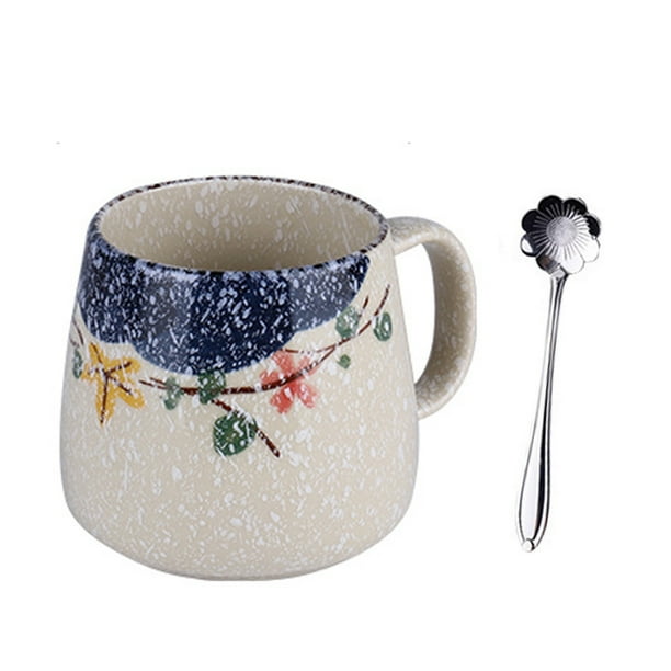 Taza Taza de leche de cerámica con tapa y cuchara, taza de café con tapa, taza de capuchino de cerámica gruesa 400 ml, taza japonesa taza de agua pintada a mano bajo vidriado taza de desayuno grande