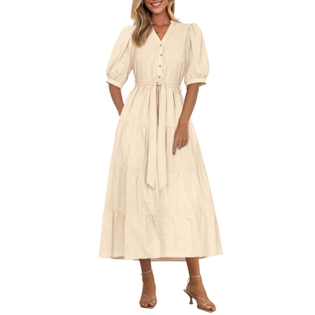 Vestido midi PRETTYGARDEN para mujer, verano 2025, cuello en V con bolsillos