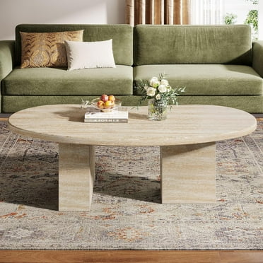 Finmind 45.28" Oval Coffee Table, Large Modern All-Wood Center Table with Asymmetric Pedestal Legs, Ideal for Living Room, Oak