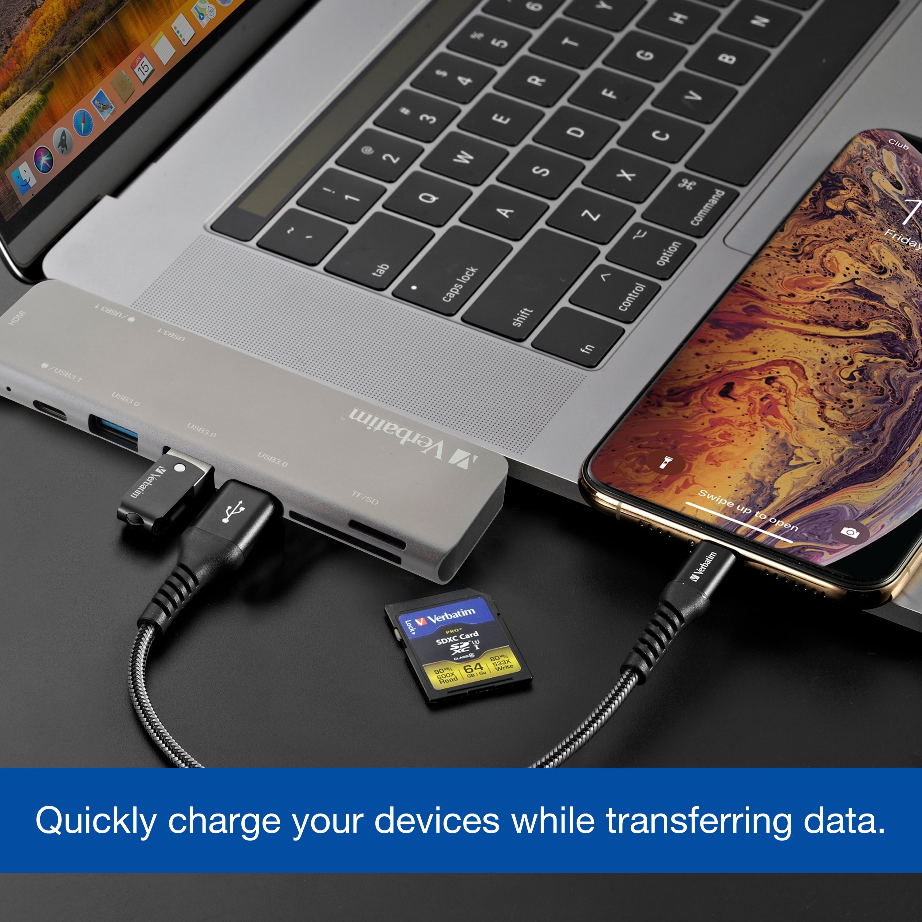 Verbatim® 7-in-2 USB C Hub Adapter/dock with 4K HDMI, 100W Power Delivery, USB 3.0, SD Card Readers for MacBook Pro and USB C Laptops